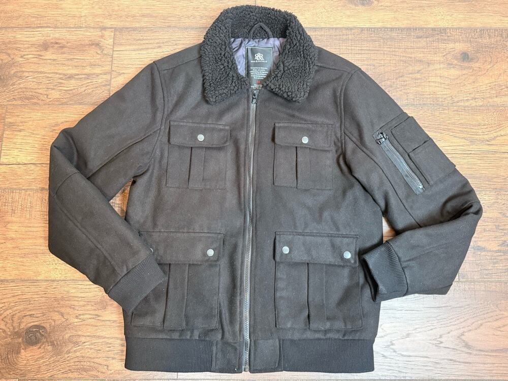 ROCK & REPUBLIC Men’s Black Faux Wool Military Jacket Coat Size Medium